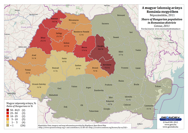 Share of Hungarian population in Romanian districts in 2011
