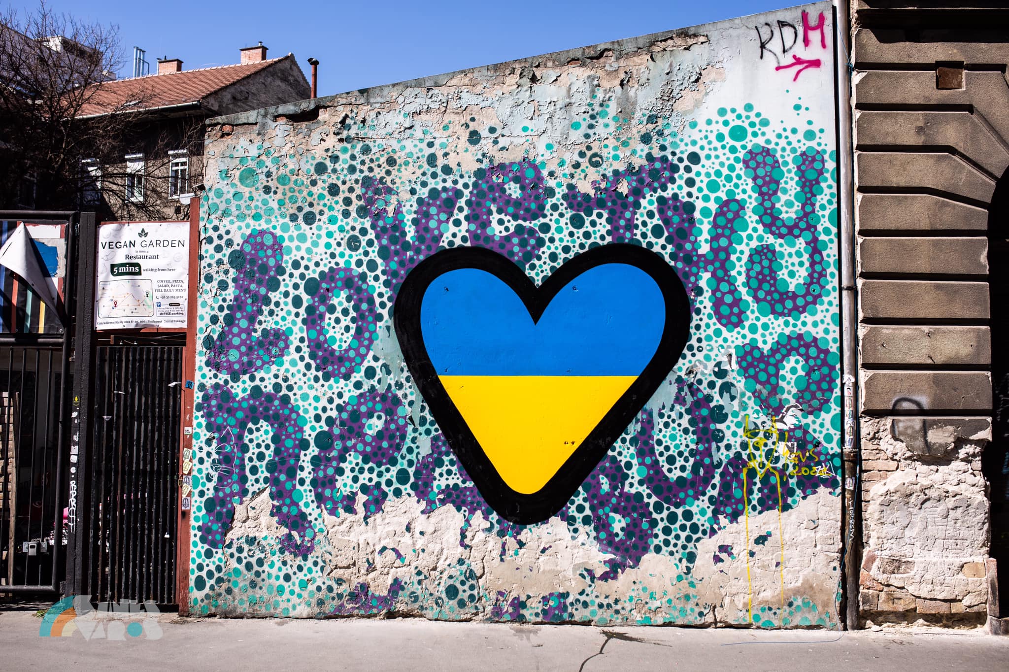 Heart Mural in Budapest Painted Colors of Ukrainian Flag