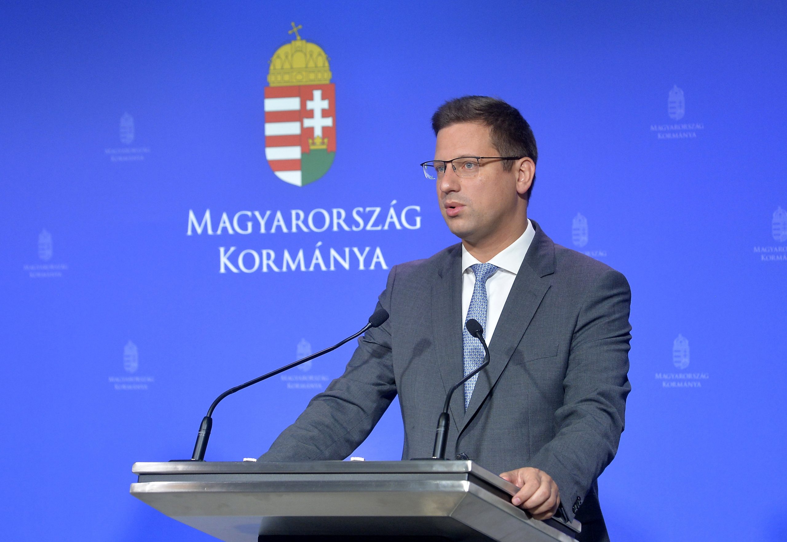 Minister Gergely Gulyás speaks during the regular government press conference